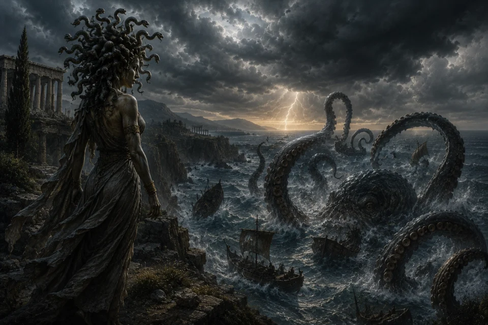 Medusa osserva il mare in tempesta mentre il Kraken emerge dagli abissi, simboli del caos e delle forze fuori dal controllo umano.